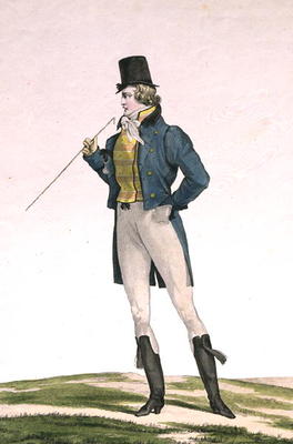 A Dandy in a Robinson hat, with childlike curls, knitted trousers, and riding boots, plate 5 in the from Antoine Charles Horace Vernet