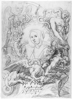 Catherine Monvoisin with the Three Fates on the right and Death on the left (pencil on paper) from Antoine Coypel