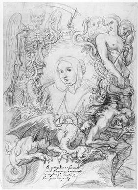 Catherine Monvoisin with the Three Fates on the right and Death on the left (pencil on paper)