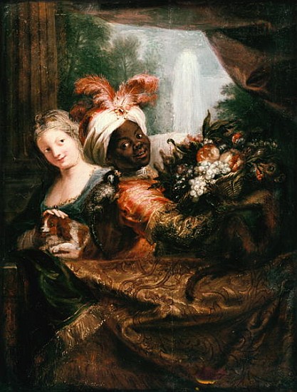 Young Black Man Holding a Basket of Fruit and a Young Girl Stroking a Dog from Antoine Coypel