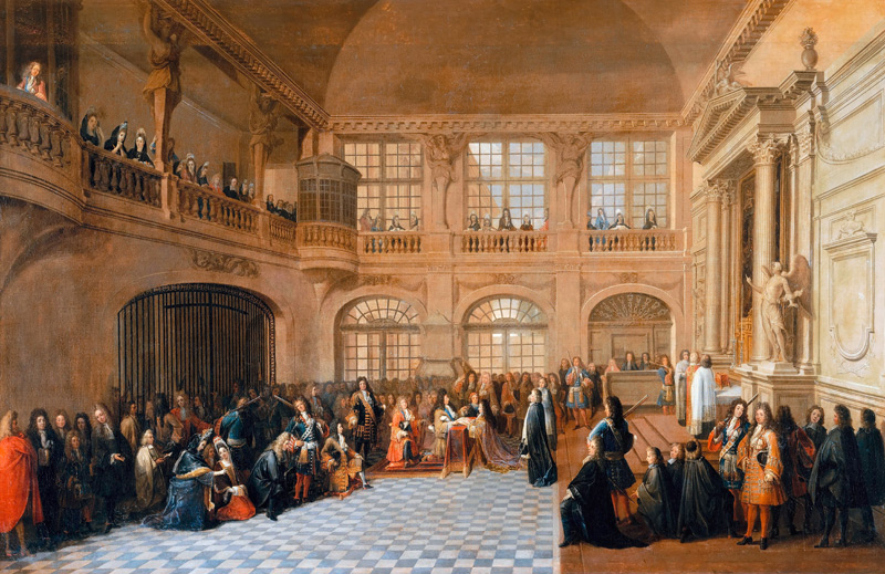 Louis XIV receiving the oath of the Marquis De Dangeau, Grand Master of the Order of Saint Lazare in from Antoine Pezey