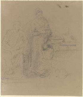 Kartoffeln schälende Bauersfrau, neben ihr sitzend ein Mann