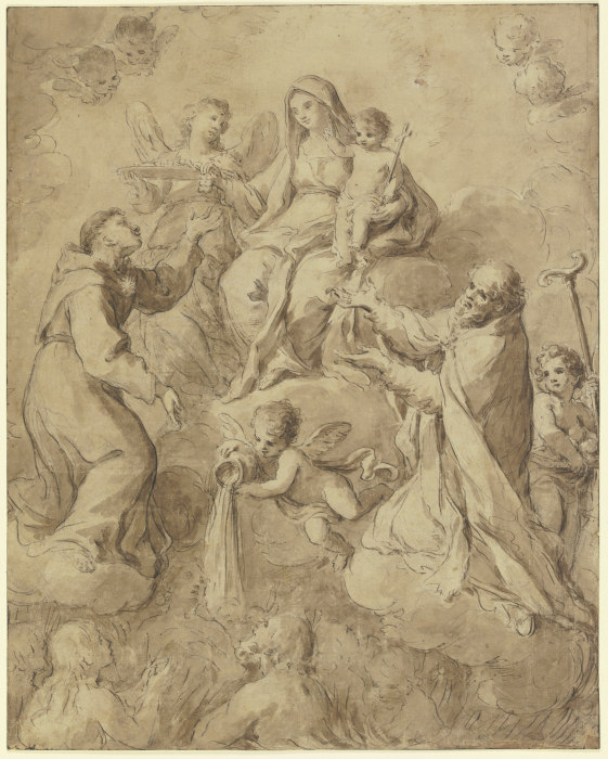 Die Muttergottes mit dem Jesuskind von Heiligen und Engeln umgeben, ein Engel gießt Wasser aus from Antonio Balestra