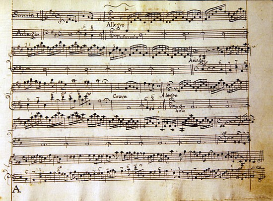 Manuscript page from the score of Opus V, ''Sonata for violin, violone, and harpsichord'' from Arcangelo Corelli