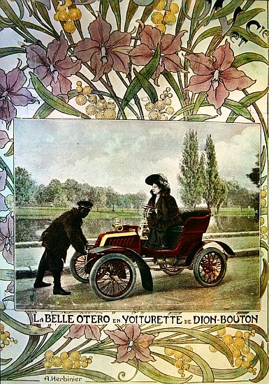 La Belle Otero at the wheel of a De Dion-Bouton car, c.1900 from Arsene Herbinier