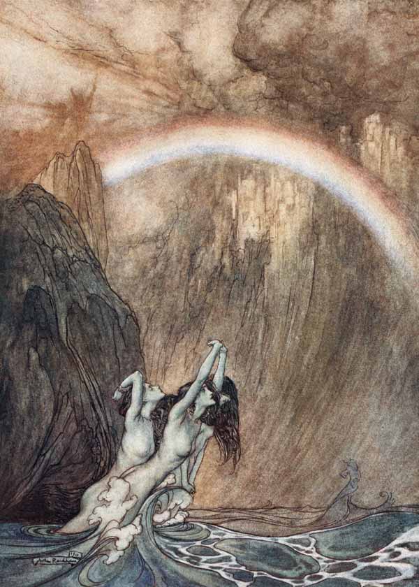 The Rhinemaidens bewail their lost gold. Illustration for "The Rhinegold and The Valkyrie" by Richar from Arthur Rackham