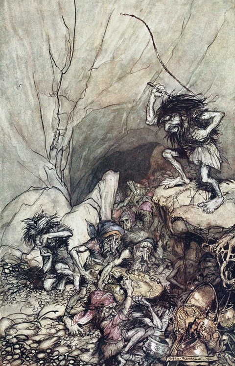 Alberich drives in a band of Niblungs laden with gold and silver treasure. Illustration for "The Rhi from Arthur Rackham