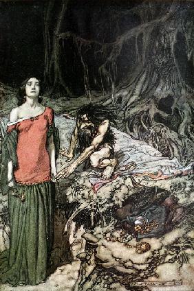 The wooing of Grimhilde, the mother of Hagen. Illustration for "Siegfried and The Twilight of the Go