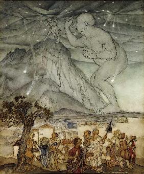 Herkules trägt für Atlas den Himmel (Zeichnung für 'Hawthorne's Wonder Book')