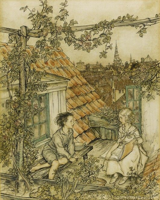 Kay and Gerda in their garden high up on the roof. Illustration for the tale of "The Snow Queen" from Arthur Rackham