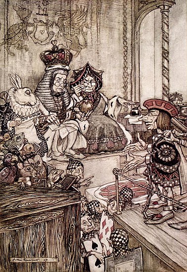 Knave before the King and Queen of Hearts, illustration to ''Alice''s Adventures in Wonderland'' Lew from Arthur Rackham