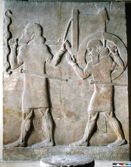 Relief depicting two soldiers carrying the king's war chariot, from the Palace of Sargon II, Khorsab from Assyrian