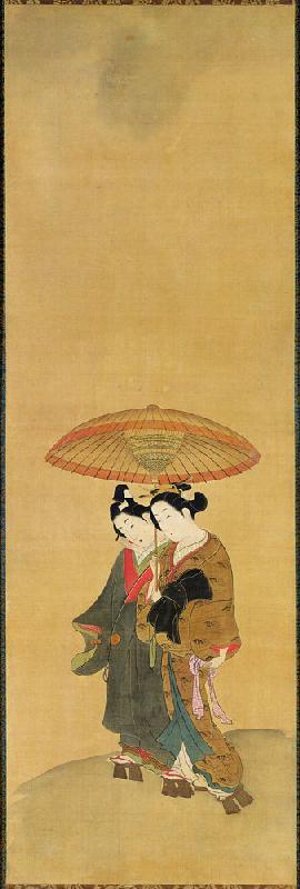 Two Lovers under an Umbrella (ink & colour on silk)