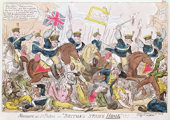 Massacre at St. Peter''s, or ''Britons Strike Home'', pub.  By Thomas Tegg, 1819(b&w photo) from (attr. to) George Cruikshank