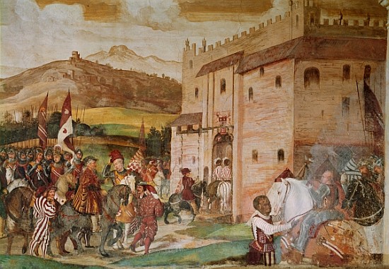 Reception of King Christian I of Denmark the condottiere, Bartolomeo Colleoni, at the Castle of Malp from (attr.to) Girolamo Romanino