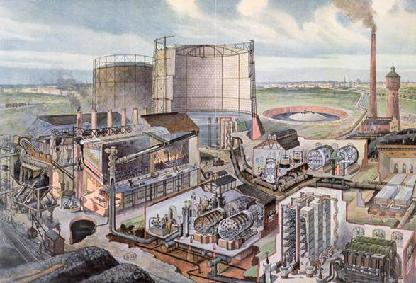 Cross section of a gas factory (colour engraving) from August Dressel