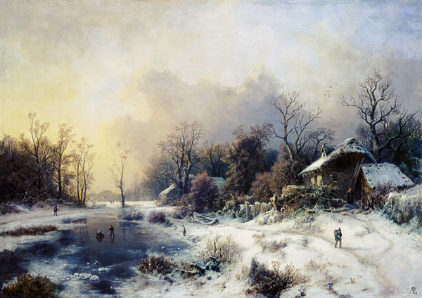 Winter landscape with a pond having been cold. from August Piepenhagen