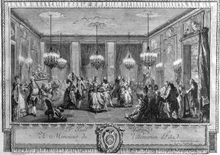 The Evening Dress Ball at the House of Monsieur de Villemorien Fila, engraved by L. Provost from Augustin de Saint-Aubin