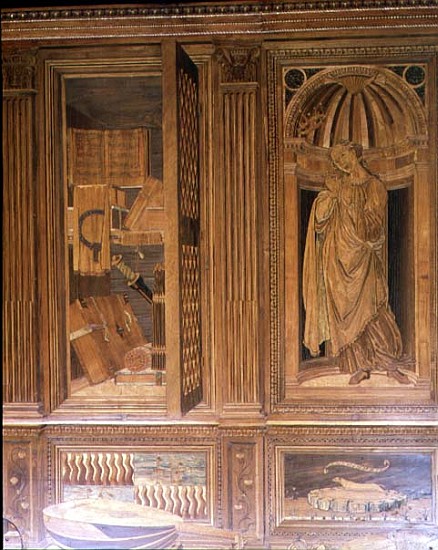 The Study of Federigo da Montefeltro, Duke of Urbino: intarsia panelling depicting (L) an open cupbo from Baccio Pontelli