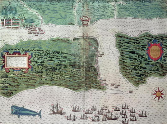 Map depicting the destruction of the Spanish colony of St. Augustine in Florida on 7th July 1586 by from Baptista Boazio
