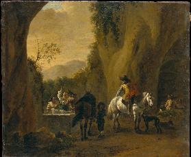 Landscape with Well at a Cave Entrance with Riders Resting and Women Doing Laundry