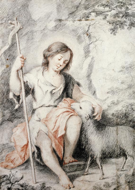 The Young John the Baptist with the Lamb in a Rocky Landscape (red and black chalk on paper) from Bartolomé Esteban Perez Murillo