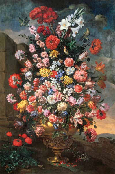 Lilies, Tulips, Carnations, Peonies,  Convolvuli And Other Flowers In A Bronze Urn With Birds, A Tor from Bartolomeo del (Il Bimbi) Bimbo