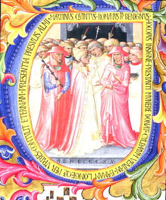 Ms 557 f.61v Historiated initial 'U' depicting Pope Martin V (1368-1431) concecrating the Church of from Bartolomeo di Frusino
