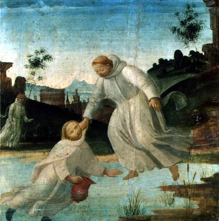 Scenes from the Life of St. Benedict: Maurus, on the instruction of St. Benedict, pulls Placidus fro from Bartolomeo  di Giovanni