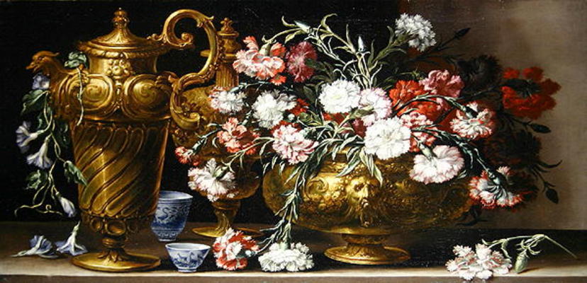 Still Life with Pinks in a case and a Florentine ewer on a ledge (oil on canvas) from Bartolommeo Bimbi