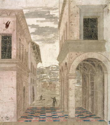 Architectural Capriccio, a study in perspective (pen & ink with wash on paper) from Benozzo Gozzoli