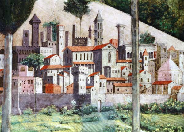 Medieval town, detail from the Journey of the Magi cycle in the chapel from Benozzo Gozzoli