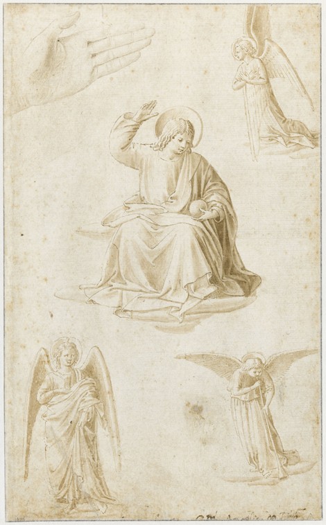 Studies of a hand, three angels and Christ as Salvator Mundi from Benozzo Gozzoli