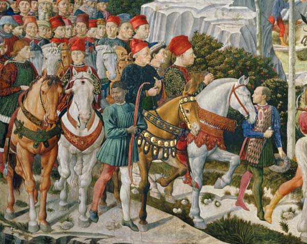 Galeazzo Maria Sforza, Duke of Milan (1444-76), extreme left, on a brown horse and Sigismondo Pandol from Benozzo Gozzoli