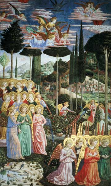 Angels in a heavenly landscape, the left hand wall of the apse from the Journey of the Magi cycle in from Benozzo Gozzoli