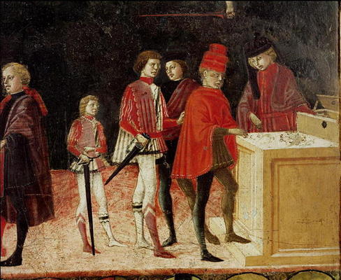 The Council Finances in Times of War and of Peace, detail of mercenary soldiers receiving their pay from Benvenuto  di Giovanni
