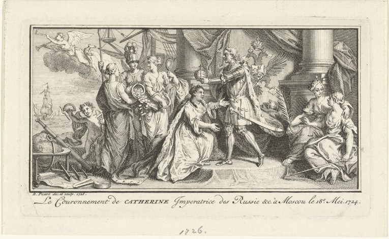 Peter the Great crowns his wife Catherine I as Empress from Bernard Picart