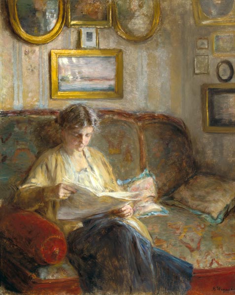 Reading woman in an interior. from Bertha Wegmann