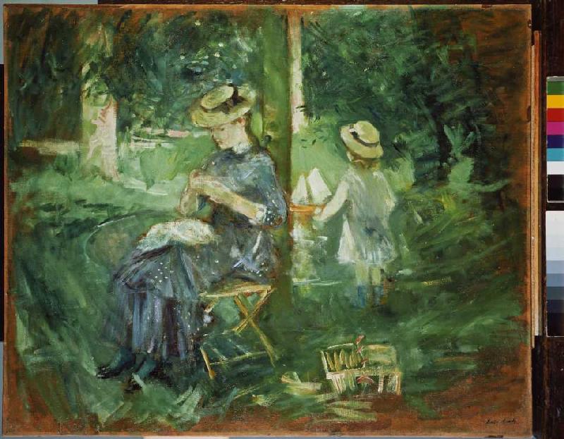 Young woman in the garden doing needlework from Berthe Morisot