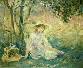 Young girl under orange trees