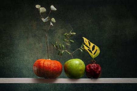 Still life with pumpkin, apple and pomegranate