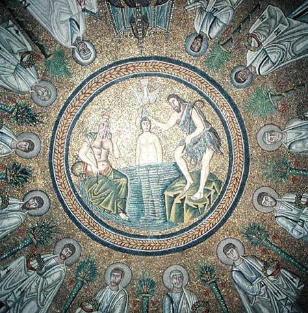 Baptism of Christ, surrounded by the Twelve Apostles from Byzantine School