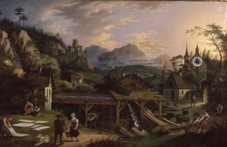 Picture Clock with scene of an Alpine village landscape with clock mechanism in church tower from C. L. Hoffmeister