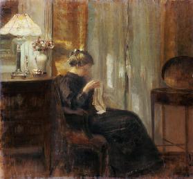 Woman in an interior doing needlework.