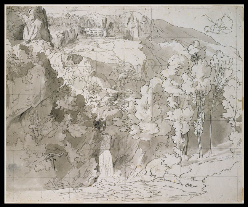 Landscape near Subiaco with a Waterfall and San Benedetto Monastery from Carl Philipp Fohr