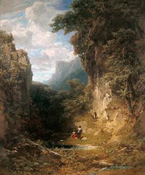 Mountain ravine of women taking a bath