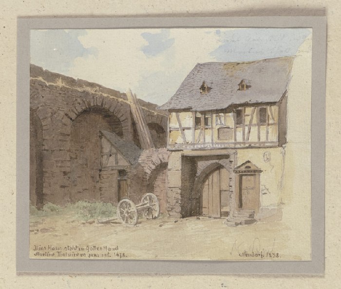 An eine Mauer gelehntes Fachwerkhaus in Neudorf bei Eltville from Carl Theodor Reiffenstein