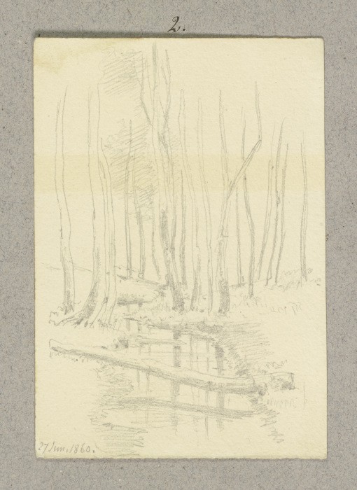 Zwischen Bäumen fließender Bach, über ihn führt ein liegender Baumstamm from Carl Theodor Reiffenstein