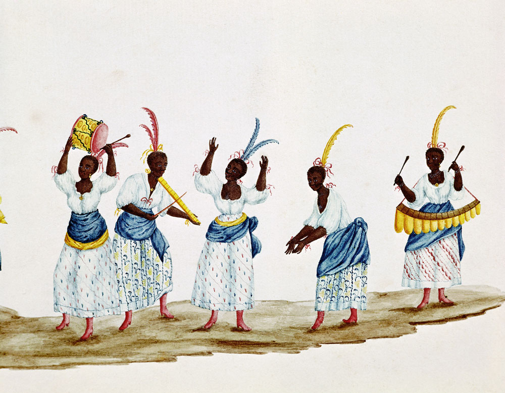 Queen and her Suite, detail depicting dancers and musicians  on from Carlos Juliao