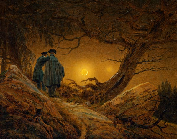 Two men in analysis of the moon from Caspar David Friedrich